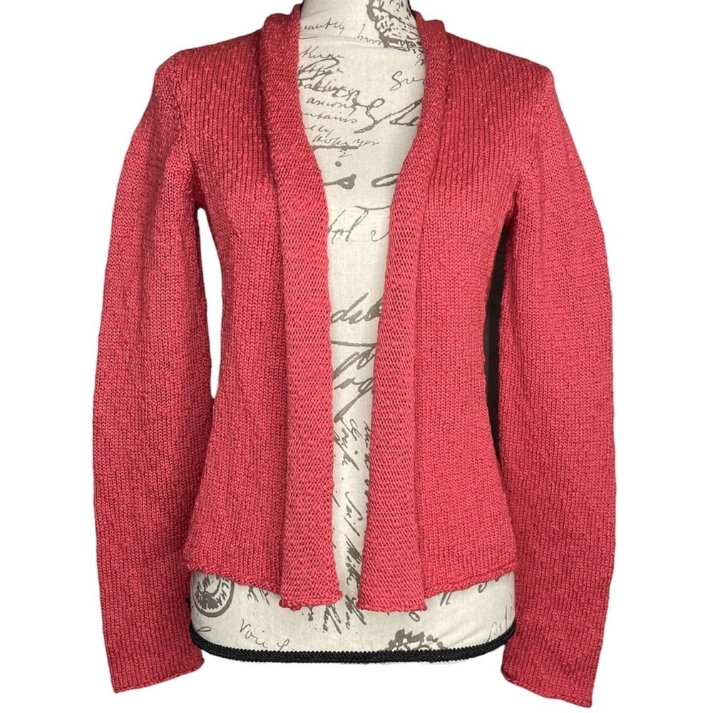 Eileen Fisher bright coral chunky bobble knit open front cardigan sweater xs